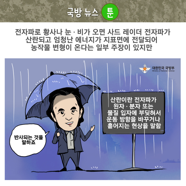 국방 뉴스 툰 / 전자파로 황사나 눈ㆍ비가 오면 사드 레이더 전자파가 산란되고 엄청난 에너지가 지표면에 전달외어 농작물 변형이 온다는 일부 주장이 있지만(산란이란 전자파가 원자ㆍ분자 또는 물질 입자에 부딪혀서 운동 방향을 바꾸거나 흩어지는 현상을 말함)전문가(반사되는 것을 말하죠)