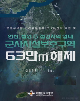보호구역등 관리기본계획(`25~`29) 전략 수립 및 연천, 철원 등 접경지역 일대 군사시설보호구력 63만 제곱미터 해제 2026.1.14일 대한민국 국방부