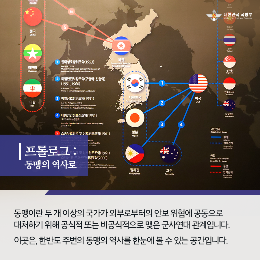 프롤로그 동맹의 역사로 동맹이란 두 개 이상의 국가가 외부로부터의 안보 위협에 공동으로 대처하기 위해 공식적 또는 비공식적으로 맺은 군사연대 관계입니다 이곳은 한반도 주변의 동맹의 역사를 한눈에 볼수 있는 공간입니다