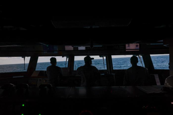 Sailors of ROKS Pohang perform duties on the comma